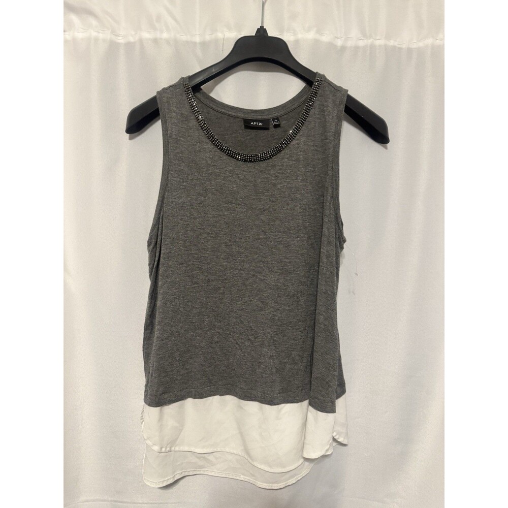 APT. 9 Gray White Knit Sleeveless Tank Top XL Beaded Neckline Pullover